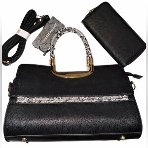 American Bee Black Textured Satchel with Snake-Print Handle